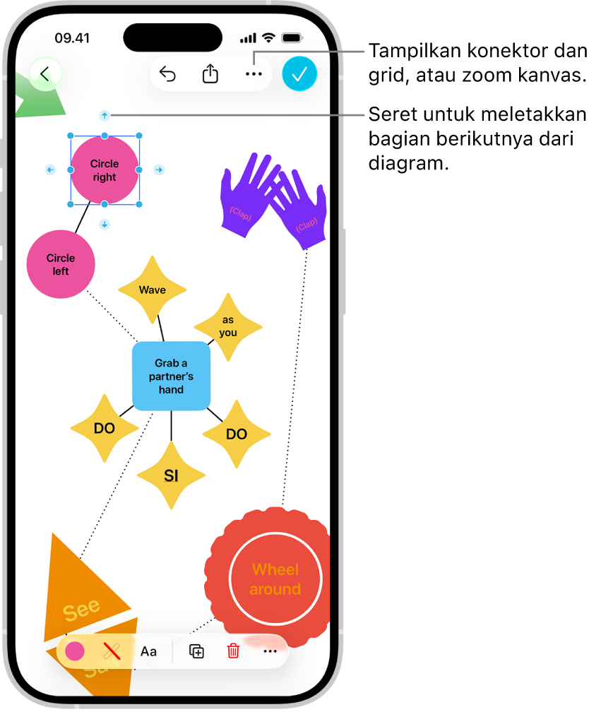 Diagram di bidang Freeform, dengan penghubung ditampilkan di bentuk yang dipilih, dan alat pemformatan bentuk terlihat di bagian bawah layar.