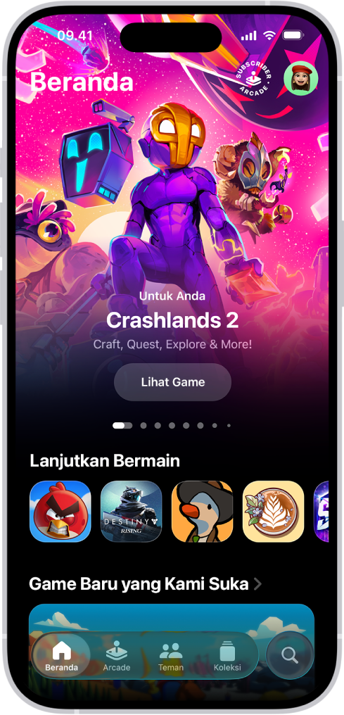 App Apple Games menampilkan tab Beranda, yang menampilkan acara spesial, game untuk terus dimainkan, dan rilisan baru.