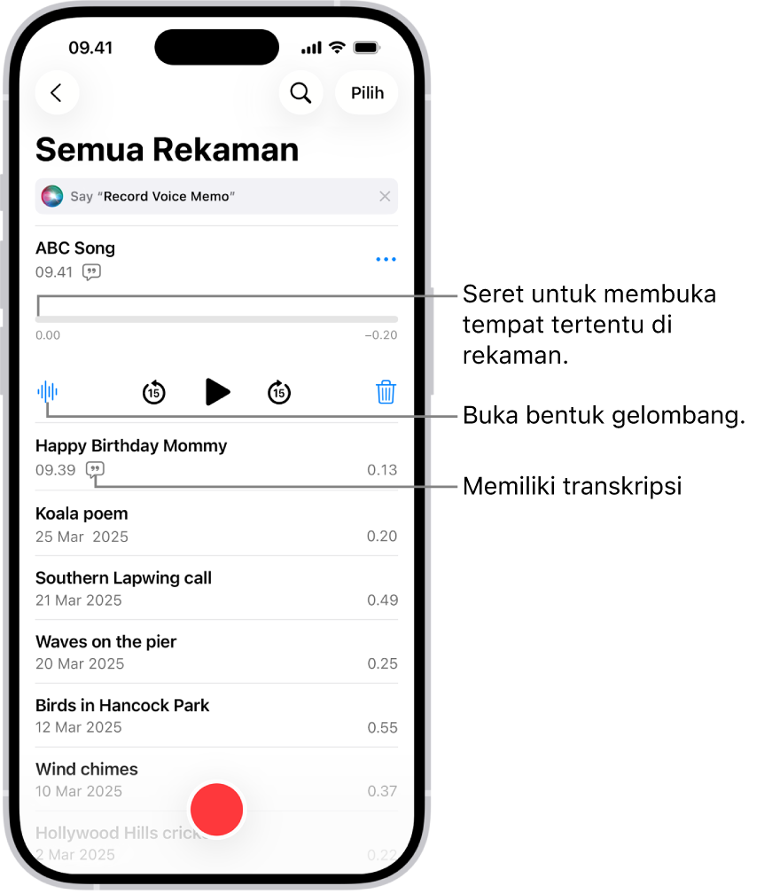 Layar daftar Memo Suara dengan rekaman yang dipilih di bagian atas. Garis waktu rekaman memiliki playhead, yang dapat Anda seret untuk pindah ke tempat tertentu di rekaman. Kontrol putar berada di bawah garis waktu.