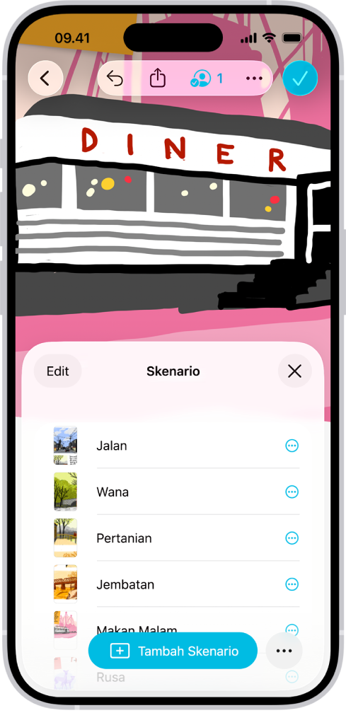 Bidang Freeform dengan Navigator Skenario terbuka dan beberapa skenario tersimpan.