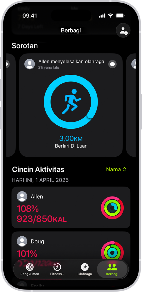 Layar Berbagi Kebugaran, dengan cincin aktivitas dan sorotan aktivitas yang dibagikan di antara seseorang dan temannya.