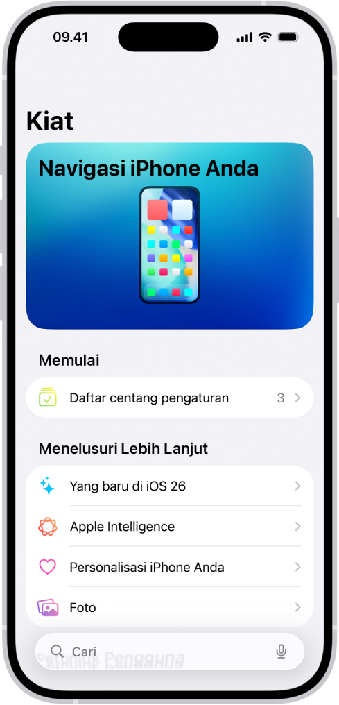 Layar menampilkan koleksi kiat dengan panah yang menandakan bahwa Anda dapat mengetuk koleksi untuk melihat kiat di dalamnya.