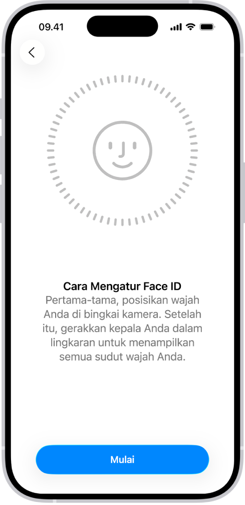 Layar pengaturan pengenalan Face ID. Wajah smiley ditampilkan di layar, dikelilingi lingkaran. Teks di bawah menginstruksikan pengguna untuk memindahkan kepalanya secara perlahan untuk melengkapi lingkaran. Tombol untuk Memulai muncul di dekat bagian bawah layar.