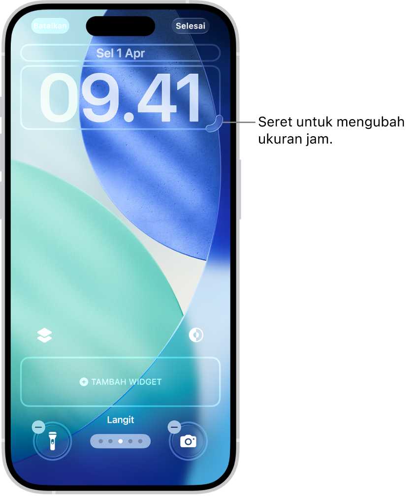 Layar Terkunci khusus dalam proses pengeditan. Elemen yang tersedia untuk penyesuaian dipilih—tanggal, waktu, dan tombol untuk menambahkan widget.