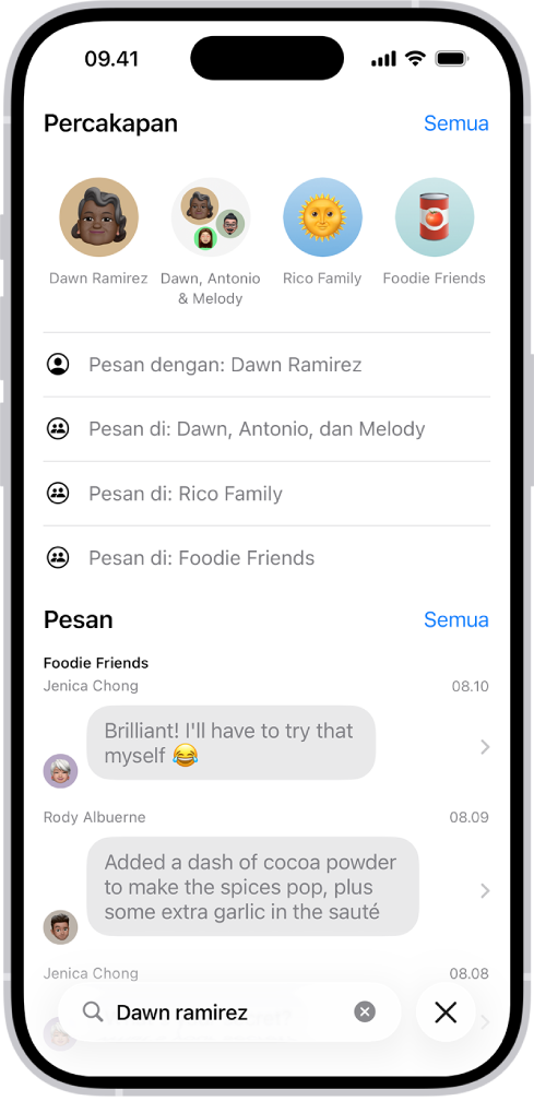Bidang pencarian di app Pesan muncul di bagian bawah layar. Bidang pencarian berisi nama orang, dan beberapa pilihan yang cocok dengan pencarian muncul di atasnya.