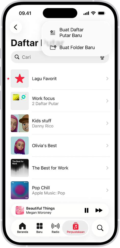 Tab Perpustakaan yang menampilkan daftar putar. Di bagian atas terdapat tombol untuk membuat daftar putar baru atau membuat folder baru.