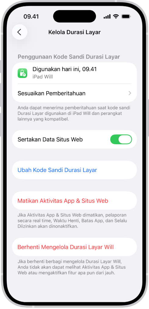 Layar Kelola Durasi Layar untuk anak di keluarga. Bagian atas layar menampilkan terakhir kali kode sandi digunakan dan di perangkat mana.
