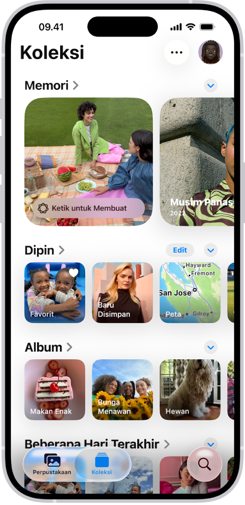 App Foto dibuka dan tombol Koleksi dipilih di bagian bawah layar. Di layar dari atas ke bawah terdapat Koleksi berikut: Memori, Dipin, Album, dan Beberapa Hari Terakhir.