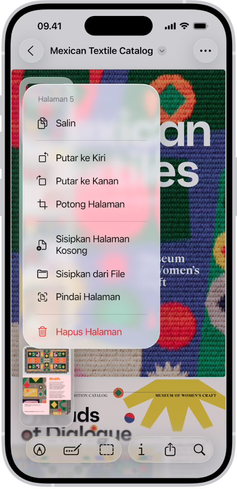 Katalog PDF dengan gambar mini di sebelah kiri. Gambar mini terakhir disorot, dan di atasnya terdapat menu dengan pilihan Salin, Putar ke Kiri, Putar ke Kanan, Potong Halaman, Sisipkan Halaman Kosong, Sisipkan dari File, Pindai Halaman, dan Hapus Halaman.