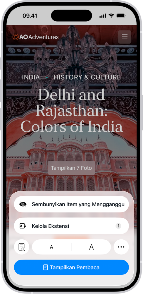 Di Safari, tombol Menu Halaman di situs web telah diketuk, yang menampilkan pilihan termasuk Kelola Ekstensi di dekat bagian bawah layar.