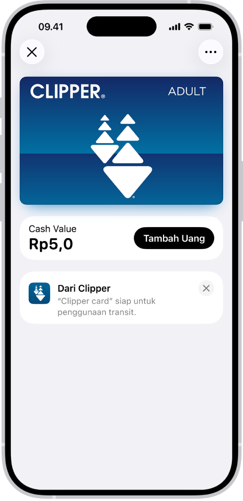 Kartu transit di app Dompet, menunjukkan saldo di akun dan tombol Tambah Uang.