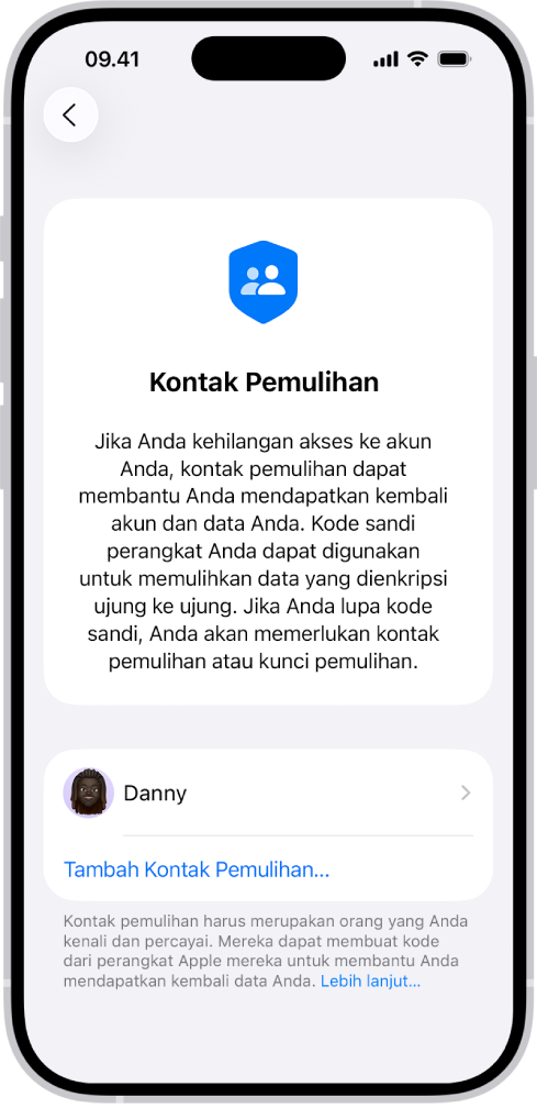Layar Tambah Kontak Pemulihan.