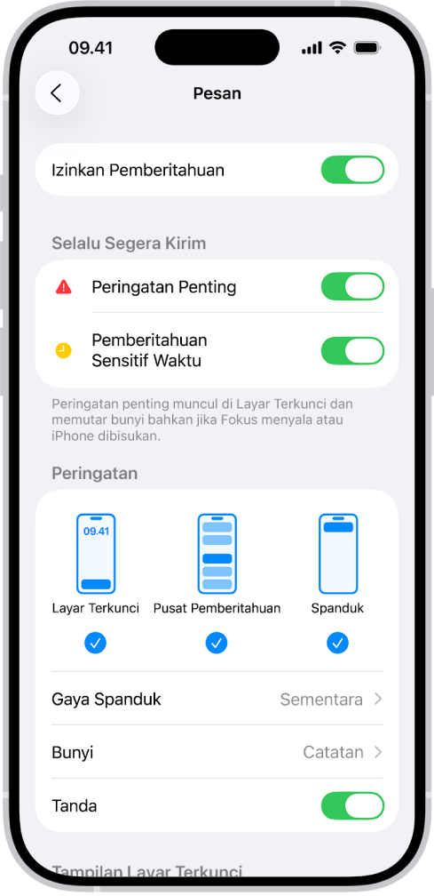 Pengaturan Pemberitahuan Pesan di Pengaturan.