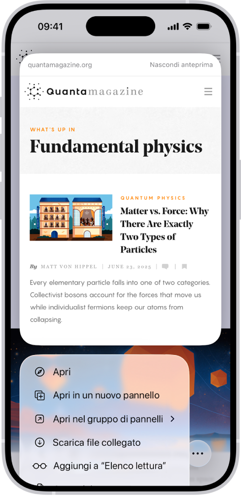 Un’anteprima di un sito web con un elenco di possibili azioni: Apri, “Apri in un nuovo pannello”, “Apri nel gruppo di pannelli”, “Scarica file collegato” e “Aggiungi a Elenco lettura”
