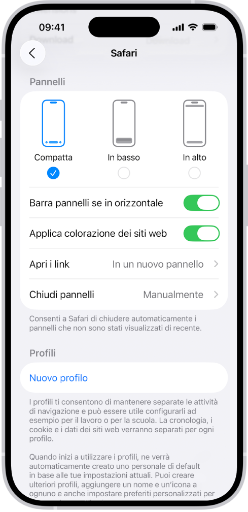 Una schermata che mostra tre opzioni di layout per Safari: Compatta, “In basso” e “In alto”.