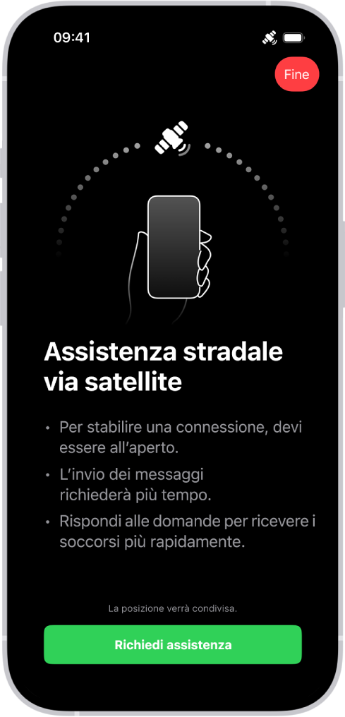 La schermata dell’assistenza stradale via satellite. Nella parte inferiore dello schermo è presente il pulsante “Richiedi assistenza”.