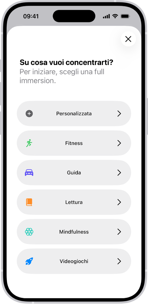 La schermata di configurazione per le full immersion aggiuntive disponibili, tra cui Personalizzata, Guida, Fitness, Videogiochi, Mindfulness e Lettura.