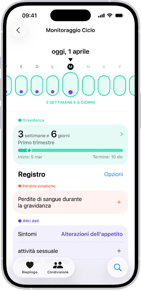 La schermata di “Monitoraggio ciclo” che mostra la timeline di una gravidanza per una settimana nella parte superiore dello schermo. I primi giorni della timeline sono contrassegnati con ovali di colore verde chiaro e punti viola. Gli altri giorni della timeline sono contrassegnati da ovali tratteggiati d colore verde chiaro. Sotto la timeline è presente il riepilogo della gravidanza, con l’età gestazionale, la data di inizio e la data di termine prevista. Sotto il riepilogo della gravidanza sono presenti opzioni per aggiungere informazioni sulle perdite di sangue durante la gravidanza, sui sintomi e altro ancora.