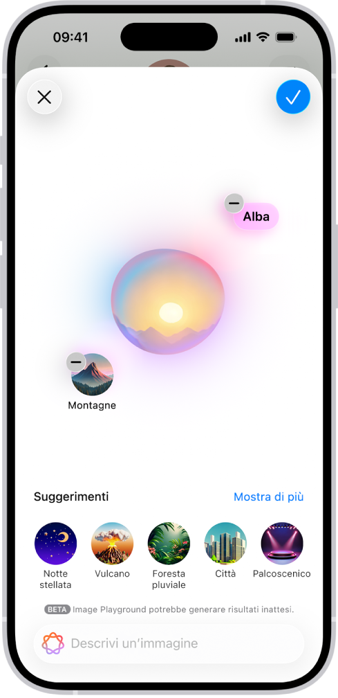 Una finestra di Image Playground nell’app Messaggi che mostra uno sfondo che è stato creato.