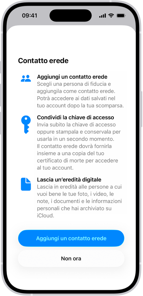 La schermata “Aggiungi contatto di recupero” che mostra le persone suggerite da selezionare come contatto di recupero e l’opzione per scegliere qualcun altro.