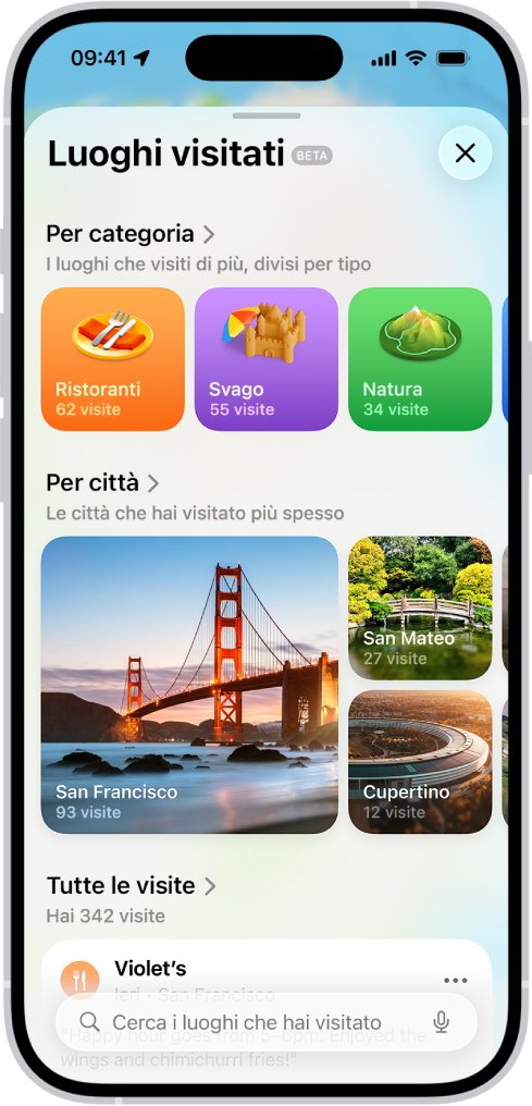 La schermata “Luoghi visitati” nell’app Mappe.