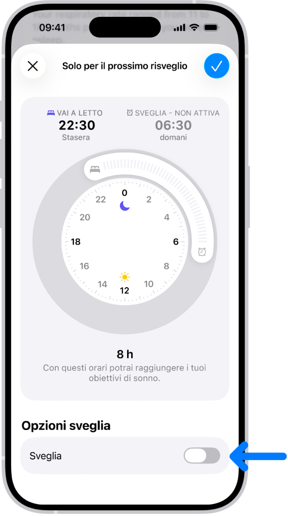 La schermata “Solo per il prossimo risveglio” in Salute, con la sveglia disattivata in basso.