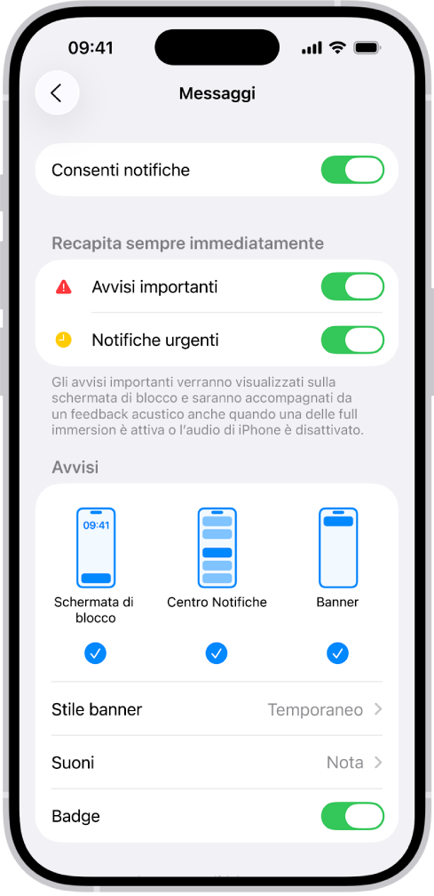 Le impostazioni per le notifiche di Messaggi in Impostazioni.