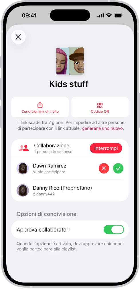 La schermata di gestione della collaborazione nell’app Musica.
