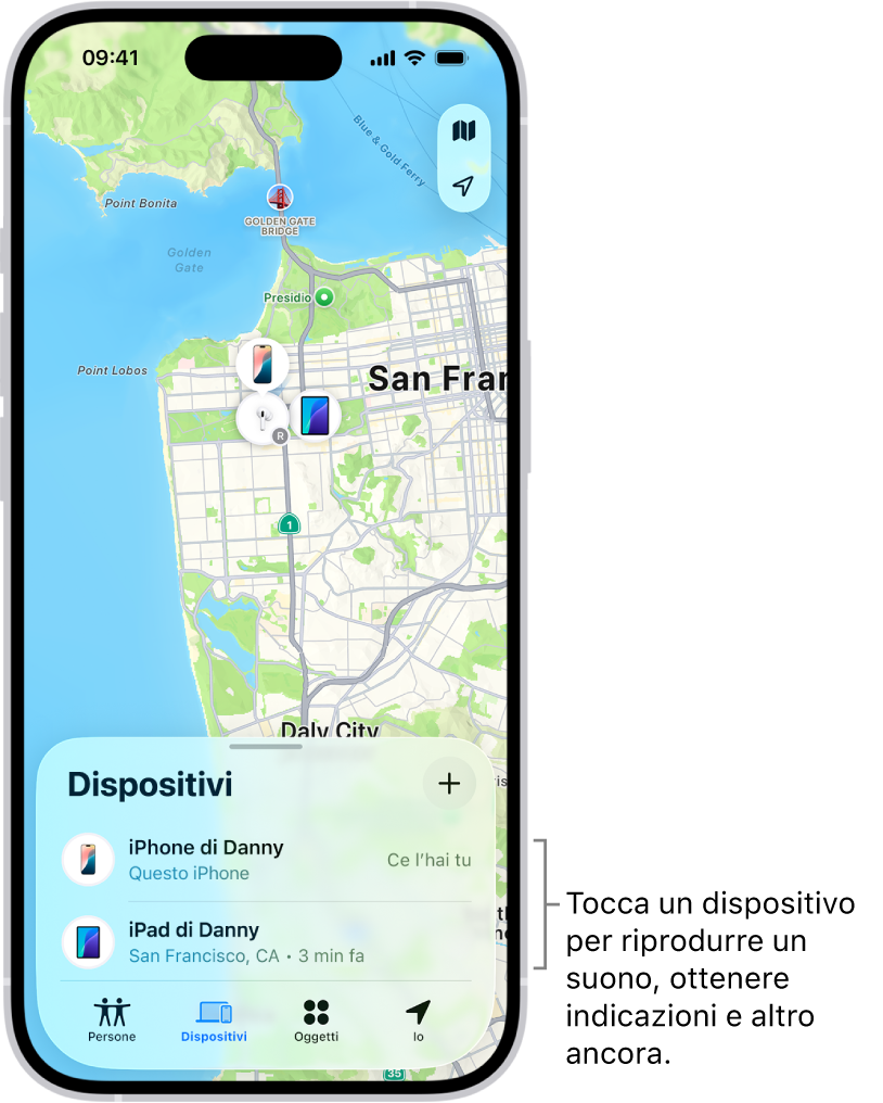 La schermata di Dov’è aperta sull’elenco Dispositivi. Nell’elenco sono visibili due dispositivi: l’iPhone e l’iPad di Danny Le loro posizioni sono mostrate su una mappa.
