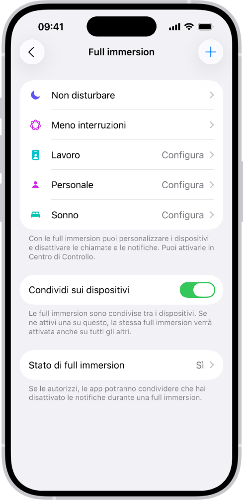 Una schermata che mostra quattro opzioni di full immersion preimpostate: “Non disturbare”, Personale, Sonno e Lavoro. Il pulsante “Condividi sui dispositivi” ti consente di utilizzare le stesse impostazioni di full immersion su tutti i dispositivi Apple in cui hai effettuato l’accesso con lo stesso Apple Account.