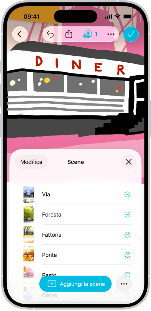 Una lavagna di Freeform con il navigatore scene aperto e alcune scene salvate.