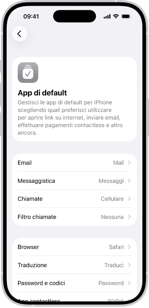 La schermata per modificare le app di default per inviare email, navigare sul web e altro ancora.