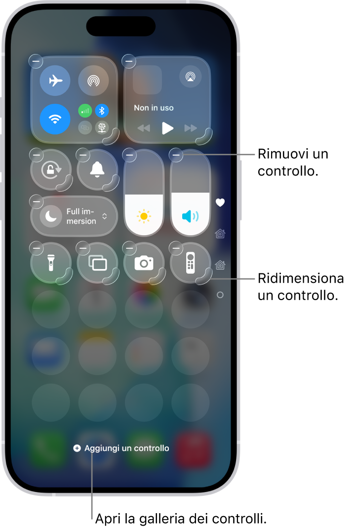 Centro di Controllo in fase di modifica, con un pulsante Rimuovi e una maniglia per il ridimensionamento su ciascun controllo.