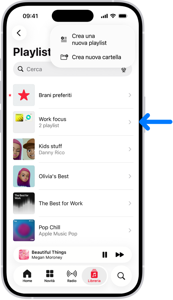 Il pannello Libreria con l’elenco di playlist. Nella parte superiore sono visualizzati i pulsanti per creare una nuova playlist o una nuova cartella. Una freccia blu indica la cartella di una playlist denominata “Full immersion lavoro”.