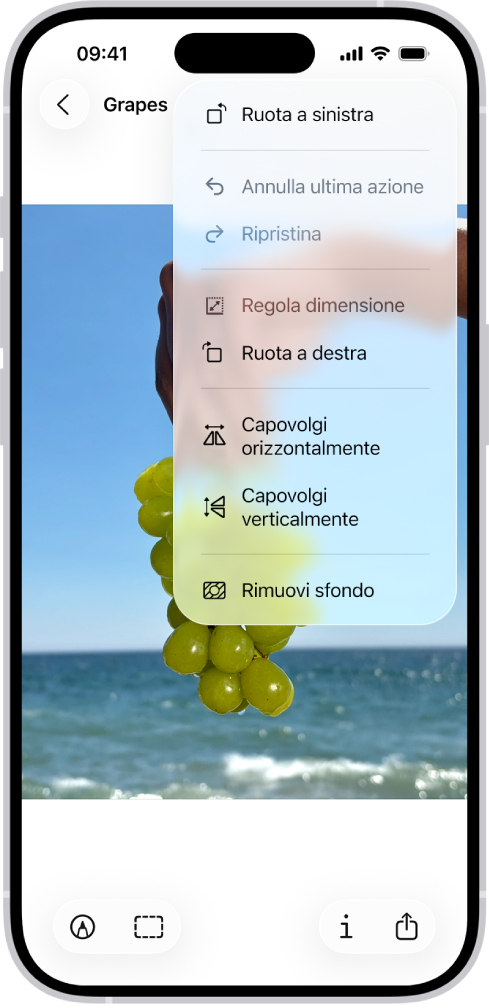 Una schermata con l’immagine di un grappolo d’uva in primo piano. Un menu con l’opzione “Rimuovi sfondo”. Nella parte inferiore dello schermo sono visualizzati i pulsanti Annota, Ritaglia, Informazioni e Condividi.