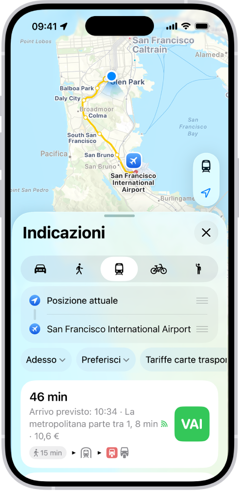 Una mappa che mostra un percorso con i mezzi pubblici. La scheda dell’itinerario in basso contiene dettagli del percorso, inclusi tempo stimato e il costo complessivo. Il pulsante Vai viene mostrato a destra dei dettagli.