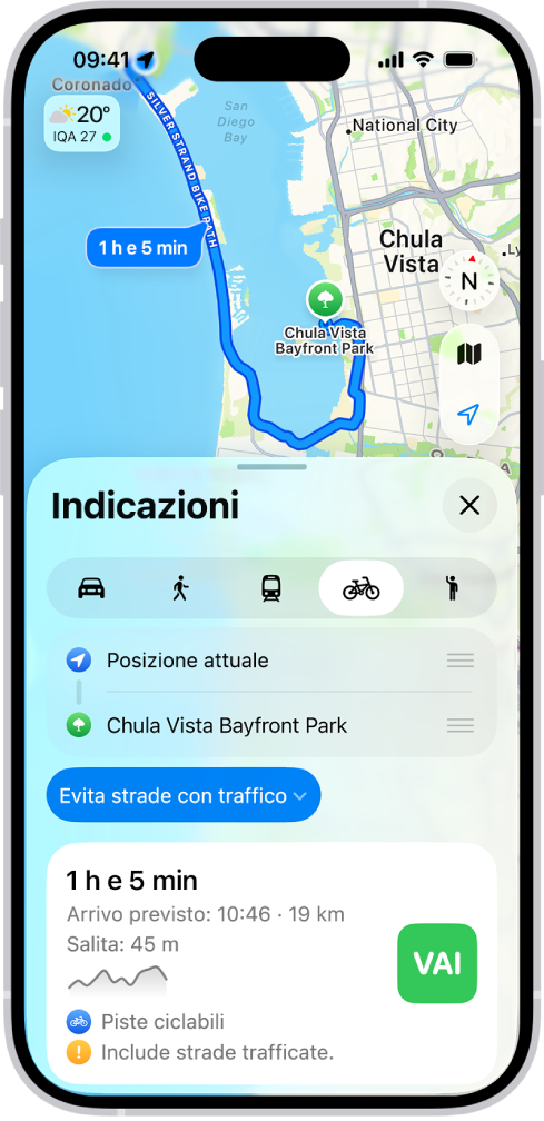 Una mappa che mostra le opzioni per un itinerario in bicicletta. La scheda dell’itinerario in basso contiene dettagli, inclusi tempo stimato, dislivelli e tipi di strade. Il pulsante Vai viene mostrato a destra dei dettagli.