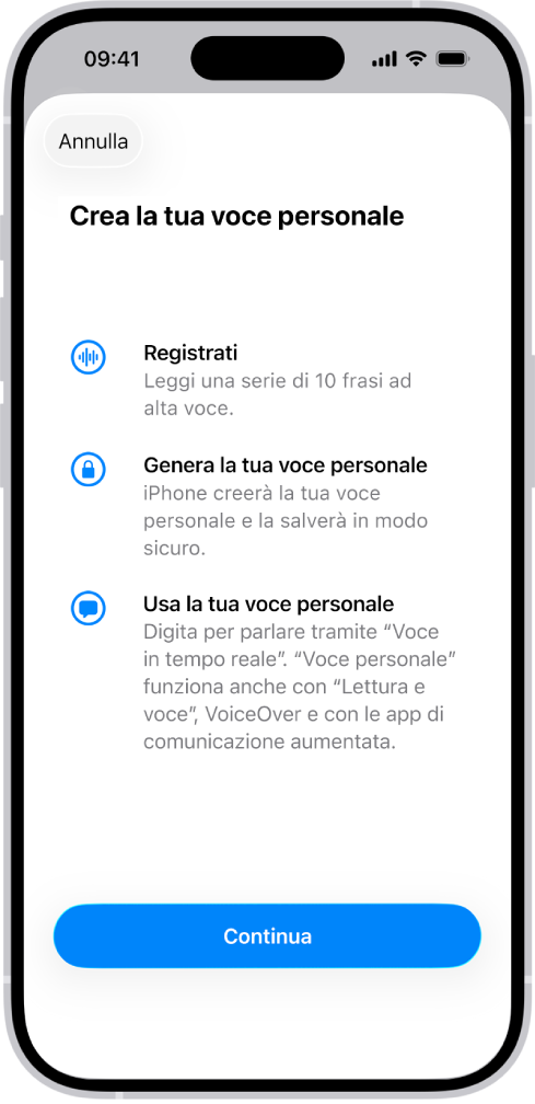iPhone che mostra informazioni su come creare la voce personale.
