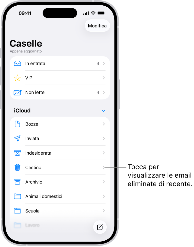 La schermata delle caselle di posta. Sotto iCloud, vengono elencate le caselle dall’alto in basso, incluso il cestino. Toccalo per visualizzare i messaggi email che hai eliminato di recente.