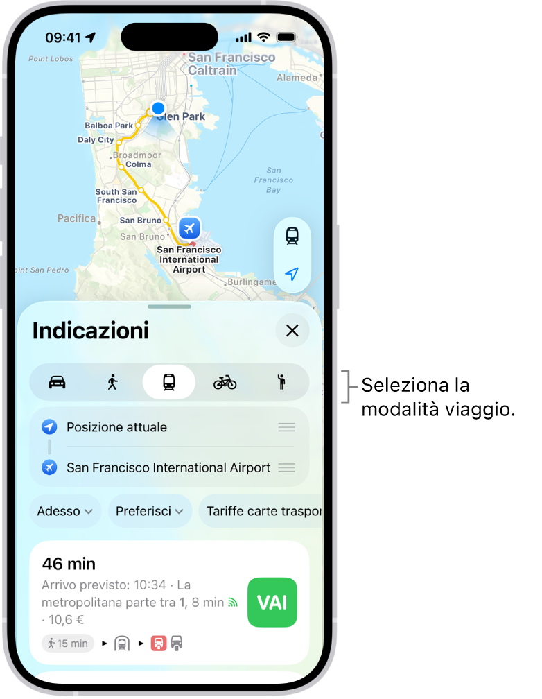 Una mappa che mostra vari itinerari tra due luoghi, con pulsanti per scegliere modalità di viaggio alternative, invertire il punto di partenza e la destinazione e visualizzare le indicazioni come passaggi.