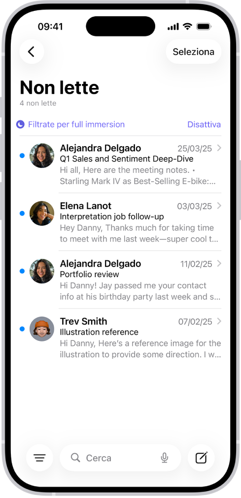La casella di posta in entrata con un elenco di messaggi. Sopra l’elenco dei messaggi è presente l’etichetta “Filtrate per full immersion” e a destra dell’etichetta viene mostrato il pulsante per disattivare l’opzione.