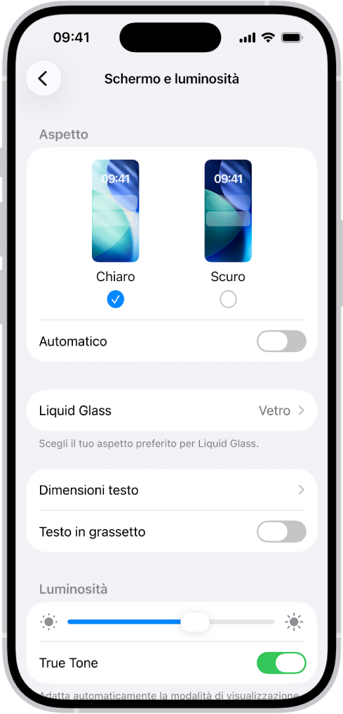 La schermata “Schermo e luminosità” in Impostazioni.