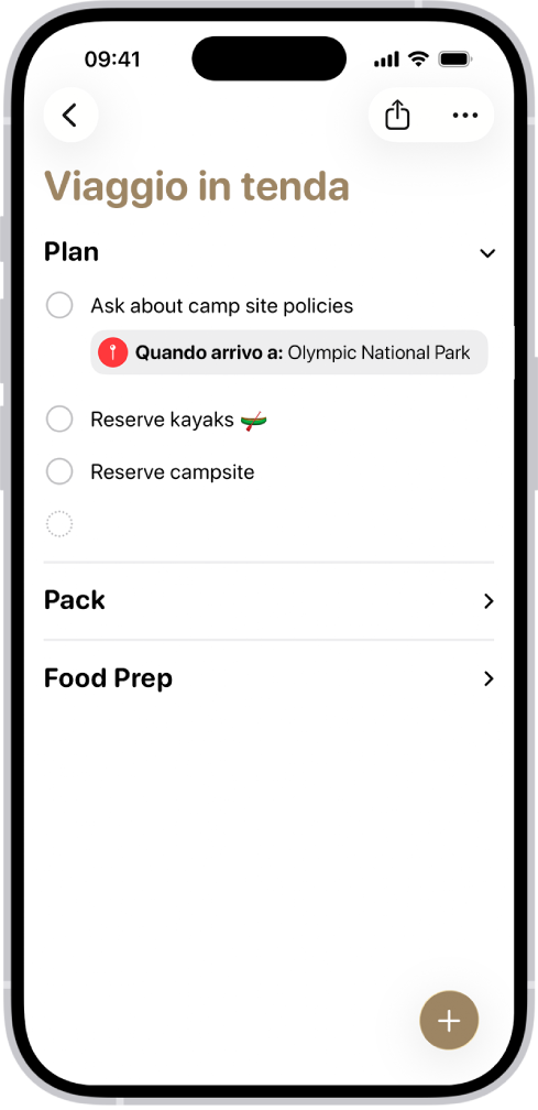 L’app Promemoria che mostra un elenco con una sezione espansa e le altre contratte.