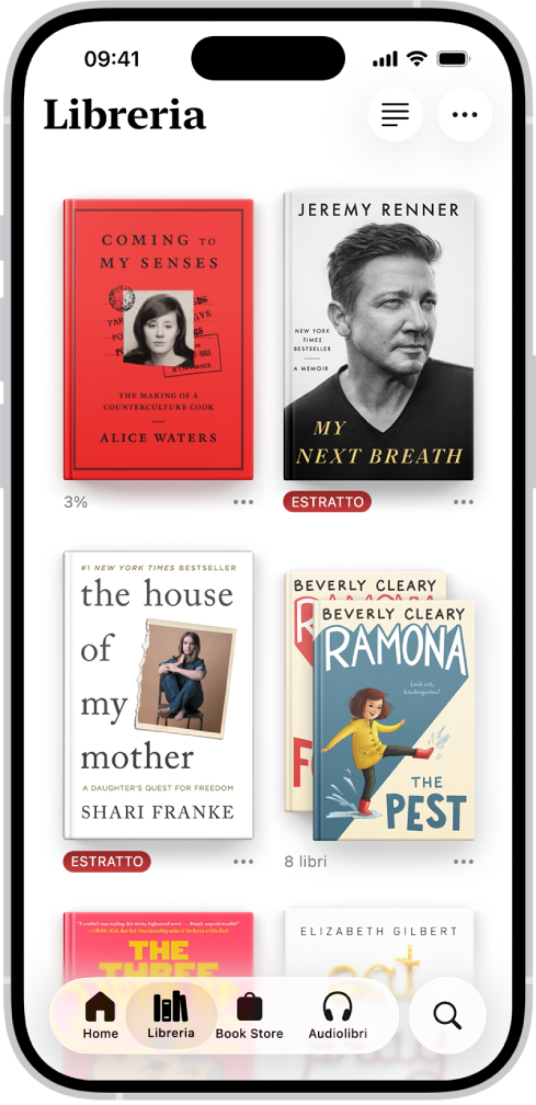 La schermata libreria nell’app Libri. Nella parte superiore dello schermo è presente il pulsante Raccolte. Al centro dello schermo sono presenti le copertine dei libri. Nella parte inferiore dello schermo, da sinistra a destra, sono presenti le sezioni Home, Libreria, Book Store, Audiolibri e Cerca. Il pannello Libreria è selezionato.