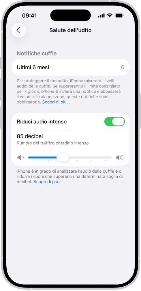 La schermata di “Salute dell’udito” che mostra il numero di notifiche inviate negli ultimi 6 mesi, l’impostazione “Riduci audio intenso”, un cursore per modificare il livello massimo dei decibel e il limite di decibel selezionato di 85 decibel.