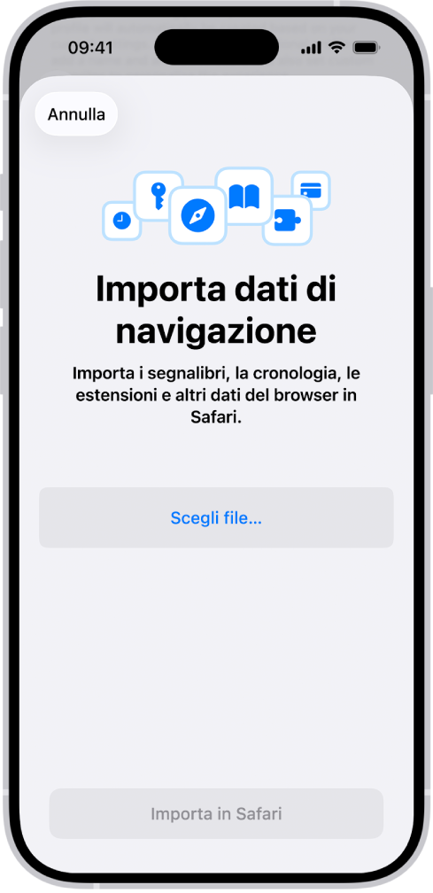 La schermata “Importa dati di navigazione”, che chiede all’utente di scegliere un file da importare.