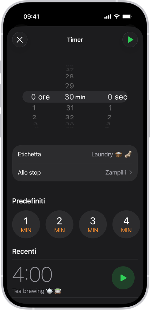 Una schermata in cui viene aggiunto un timer, con le opzioni per selezionare le impostazioni e il pulsante per avviarne uno creato di recente.