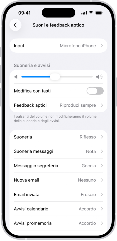 La schermata “Suoni e feedback aptico” in Impostazioni.