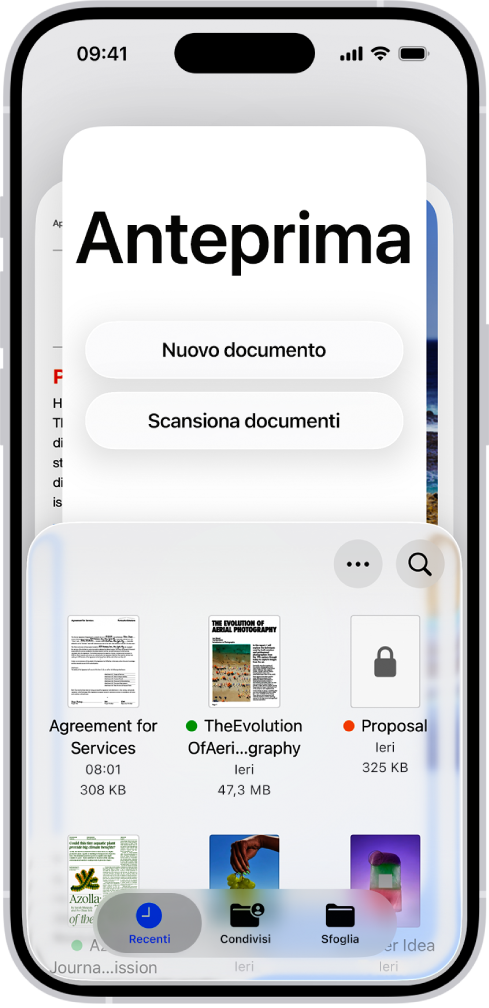 Il browser dei documenti in Anteprima. Al centro dello schermo sono presenti i pulsanti “Nuovo documento”, “Scansiona documenti”, Altro e Cerca. Nella parte inferiore dello schermo sono presenti i pulsanti Recenti, Condivisi e Sfoglia.