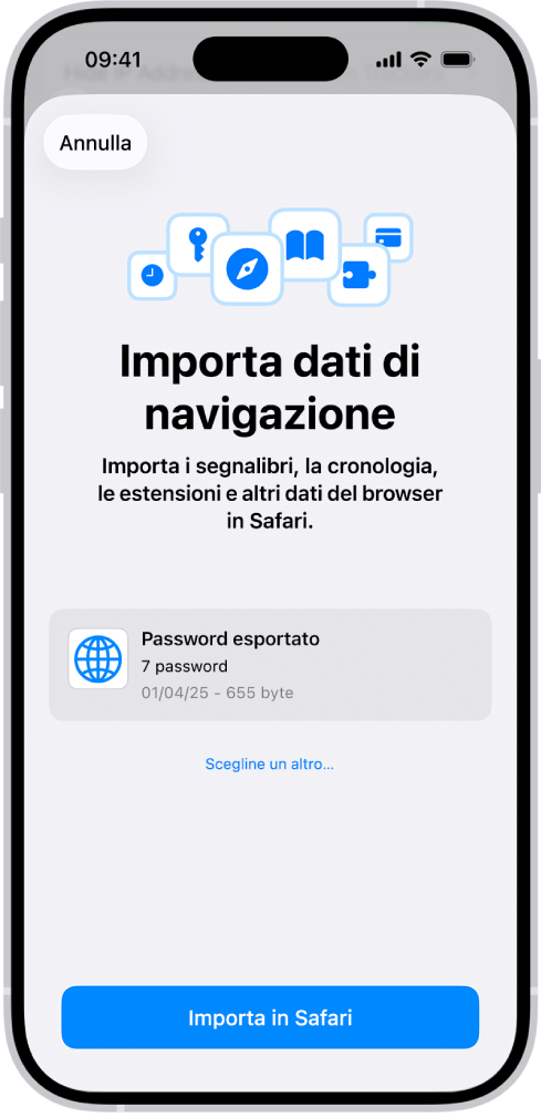 La schermata di importazione dei dati di navigazione che mostra il file CSV delle password da importare da un altro gestore di password.